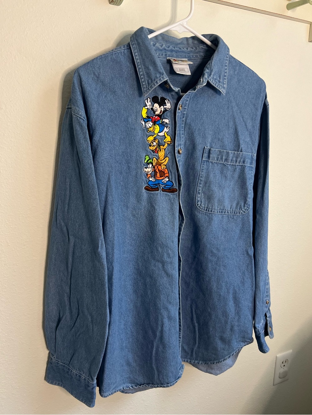 Vintage Disney Blue Denim Button-Down Shirt with Mickey & Friends Embroidery